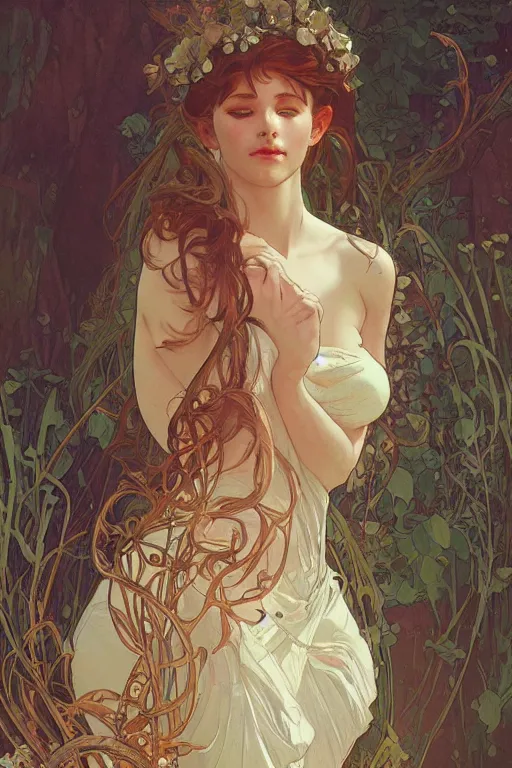 Prompt: beautiful natural coy cottagecore goddess maiden, master life drawing, intricate, elegant, highly detailed, digital painting, artstation, concept art, smooth, sharp focus, illustration, art alphonse mucha and james gurney and marc simonetti and wlop