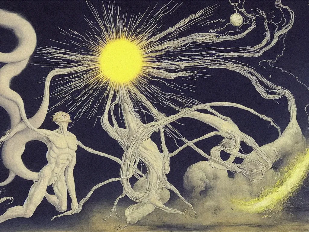 Image similar to Albino demigod in a white cloth taming the nuclear explosion in space. Limbs, flares, living tendril creatures. Painting by Lucas Cranach, Moebius, Max Ernst