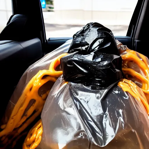 Prompt: gopro photograph of garbage bag with human face oozing goop inside car, holding cheeseburger