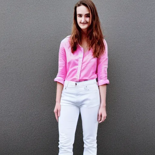 Image similar to 1 9 years old slim gabriella papadakis wearing white jean and pink shirt