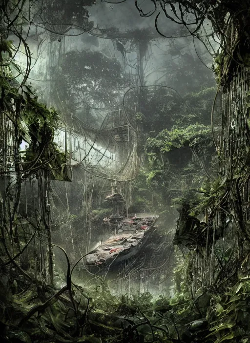 Image similar to decayed aircraft carrier USS Nimitz laying on the ground overgrown with vegetation and hanging vines, post apocalyptic, tropical forest, by Luis Royo, by Greg Rutkowski, extreme low angle shot, dark, gritty, intricate, cover illustration, concept art, volumetric lighting, volumetric atmosphere, sharp focus, octane render, trending on artstation, 8k