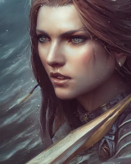 Prompt: A beautiful female warrior posing on a boat, beautiful face, highly detailed face, close-up, fantasy woman, fantasy art, in the style of greg rutkowski, illustration, epic, fantasy, intricate, hyper detailed, artstation, concept art, smooth, sharp focus, ray tracing