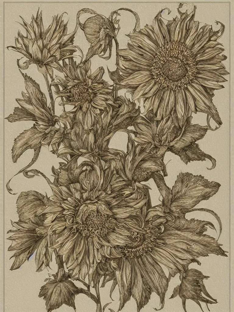 Prompt: beautiful decorative classical ornament fibonacci rhythms, sunflowers, strawberries, four leaf clover, rose petals, leaves, stems, highly detailed etching, rendered in octane