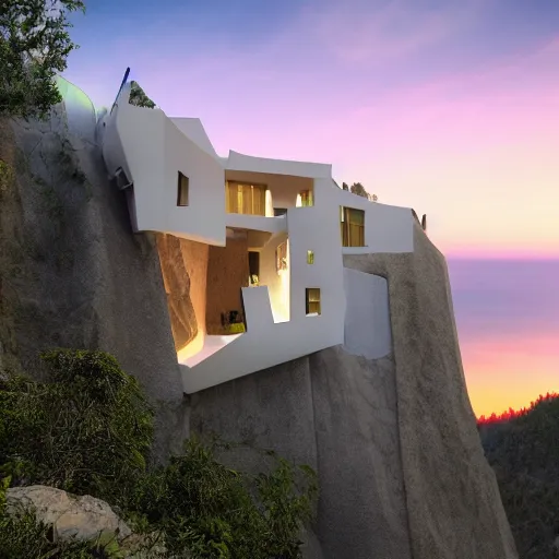 Prompt: extremely detailed non-Euclidean stunning sophisticated very thin beautiful house of 6 levels built into a cliff, stunning volumetric light, sunset, multi-colored concrete and glass and translucent material, stunning skied, 8k