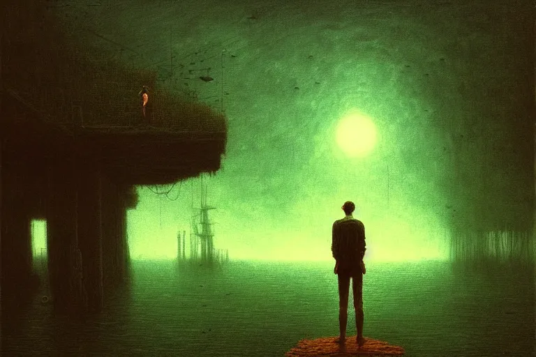 Image similar to man standing on the pier against flyflies and big trees, in the style of beksinski, solarpunk, atmospheric, clean, intricate and epic composition, green by caravaggio, insanely quality, highly detailed, masterpiece, blue light, artstation, 4 k