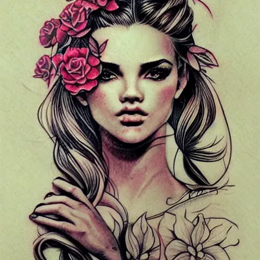 Image similar to tattoo design, stencil, traditional, beautiful portrait of a girl with flowers in her hair by artgerm, artgerm, digital art