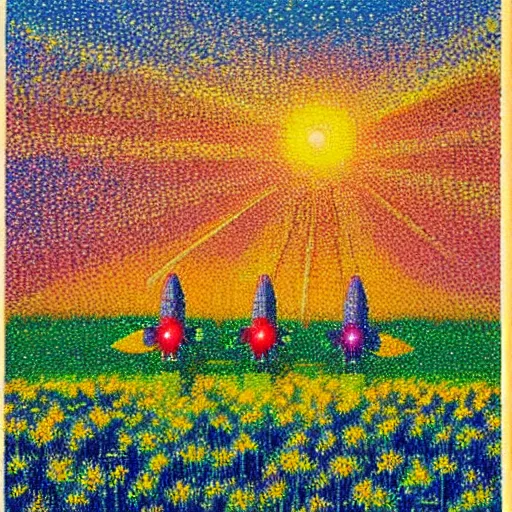 Image similar to three starship rockets landing in a field of flowers at sunset, pointillism and impressionist painting