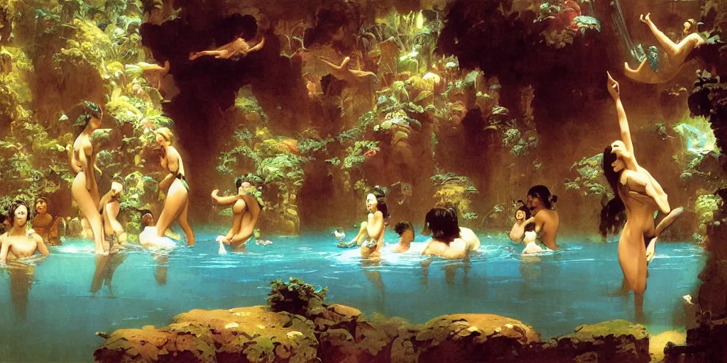 Image similar to a tropical cave that renovate as a luxury interior as a harem of beautiful women bathe in the waters and surround our protagonist by syd mead, frank frazetta, ken kelly, simon bisley, richard corben, william - adolphe bouguereau, flat lighting