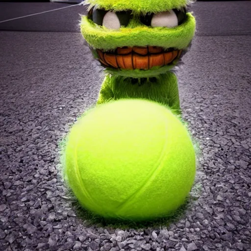 Image similar to tennis ball monster, tennis ball monster highly detailed, extremely high quality, hd, 4 k, 8 k, professional photographer, 4 0 mp, lifelike, top - rated, award winning, cinematic, realistic, detailed lighting, detailed shadows, sharp, no blur, edited, corrected, trending by basil gogos