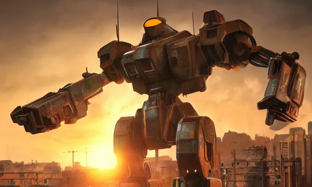 Image similar to Mech defending the city at sunset, photorealistic, hyperrealistic, digital illustrations, concept art, photoreal, mechwarrior, battletech, highly detailed, intricate, award-winning, dark, gritty, beautiful colors, hdr, rendered in Octane, rendered in Unreal engine, 4k, ultra hd