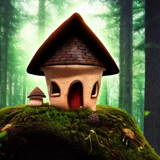 Prompt: A cute mushroom house with chimney, windows, growing on the enchanted forest floor. medium shot, might cinematic lighting, sharp, high detail, nature photography