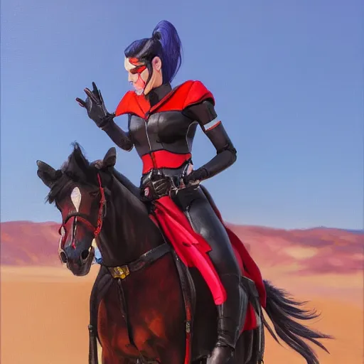 Image similar to oil painting of widowmaker from overwatch in the desert riding on a horse, black and red jacket, collar around neck, very detailed face, feminine face, full body