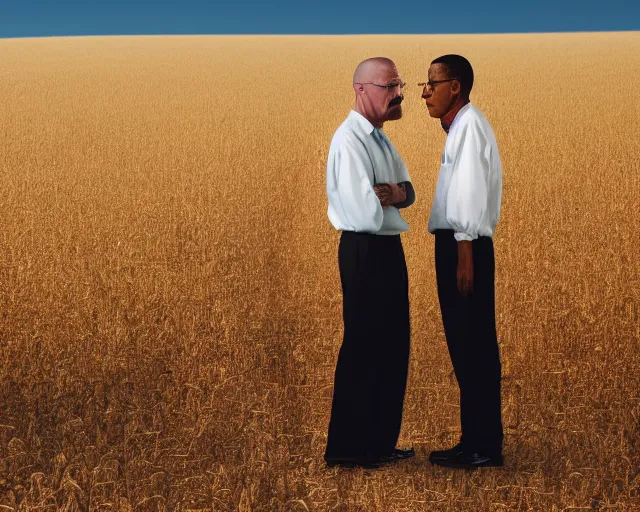 Image similar to extreme long shot of walter white and gustavo fring standing facing each other from a distance in a wheat field, low angle, side view, perfect angle, 8 5 mm photograph, 8 k resolution, wide shot, sharp lens, high detail, cinematic