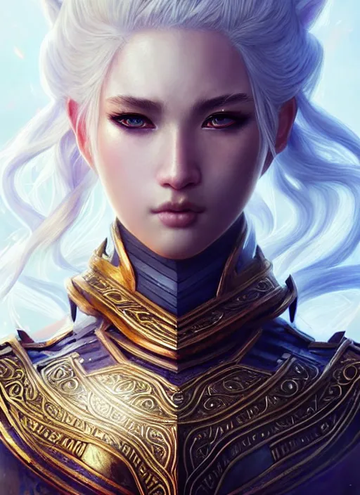 Image similar to warrior, intricate ornate opal heavy armor!!! beautiful and athletic white hair female!! gorgeous face and eyes!! character concept art, sharp focus, octane render! unreal engine 5! highly rendered!! trending on artstation!! detailed linework!! illustration by artgerm, wlop, and chie yoshii