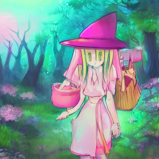 Prompt: a pink mage wearing a small satchel and a pink witch's hat walking through a lush psychedelic forest, concept art, anime