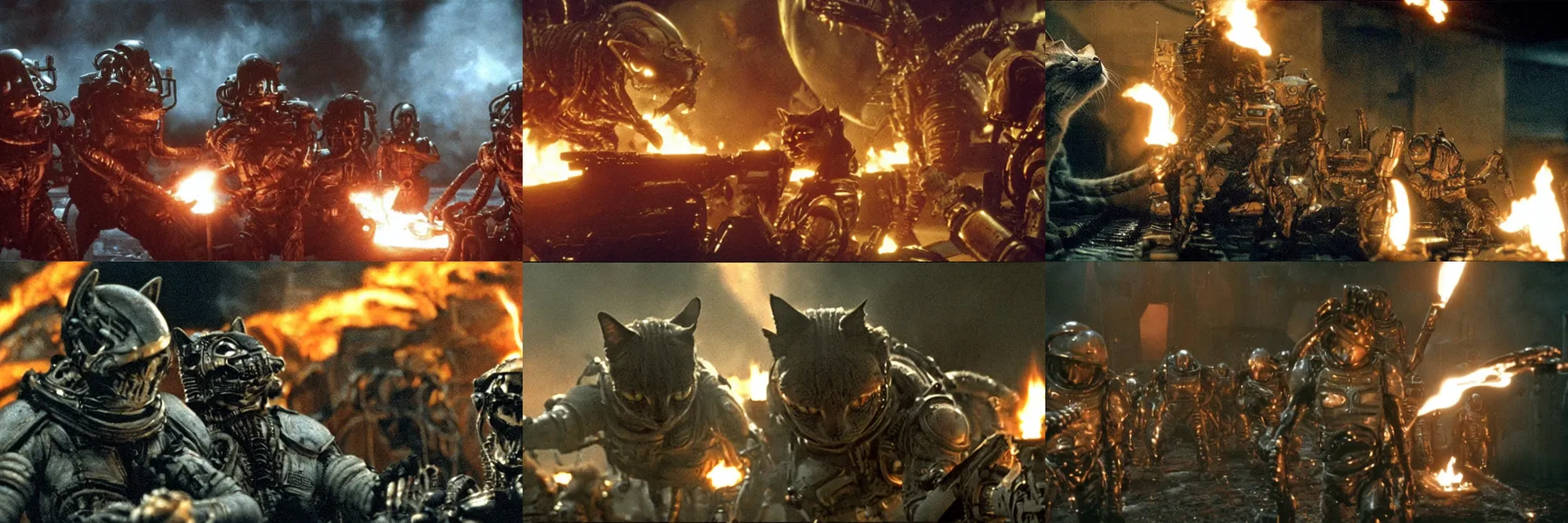 Prompt: Cat space marines in the film Aliens, by James Cameron, cinematic lighting, flames in background