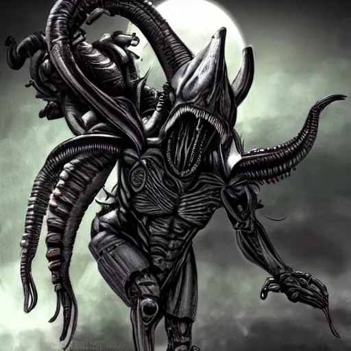 Image similar to xenomorph warrior standing in action pose, concept art