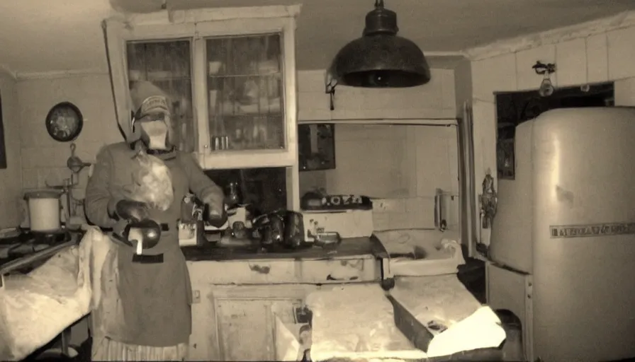 Image similar to a rhinoceros in a stalinist style kitchen, by mini dv camera, very very low quality, heavy grain, very blurry, accidental flash, webcam, caught on trail cam