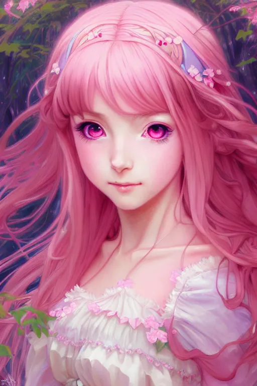 Prompt: portrait of beautiful magical anime lolita girl, dreamy and ethereal, pink eyes, happy expression, fantasy, intricate, elegant, in pink forest, highly detailed, digital painting, artstation, concept art, smooth, sharp focus, illustration, art by artgerm and greg rutkowski and alphonse mucha