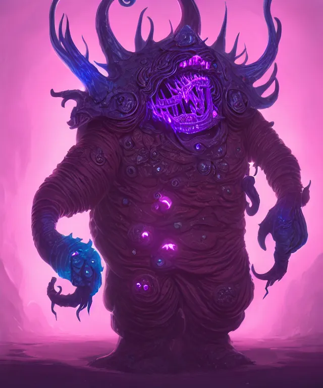 Image similar to a xanathar made of bioluminescence slimy skin, fantasy, elegant, crisp 8 k line art, digital painting, artstation, unreal engine, octane render, emissive lighting, concept art, matte, sharp focus, hyper realistic lighting, illustration, deep royal blue and pink color scheme, art by wlop