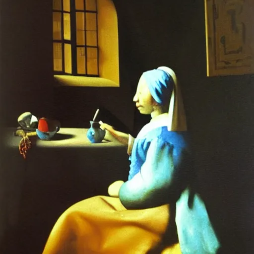 Image similar to Oil painting The Ghost of Vermeer of Delft Which Can Be Used As a Table by Salvador Dali