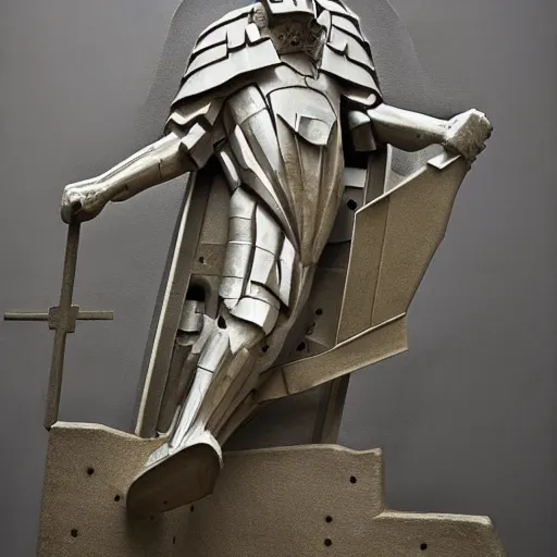 Image similar to [Sculpture of St.Georges slaying a windmill in the style of futurist brutalism, concrete, in an art gallery]