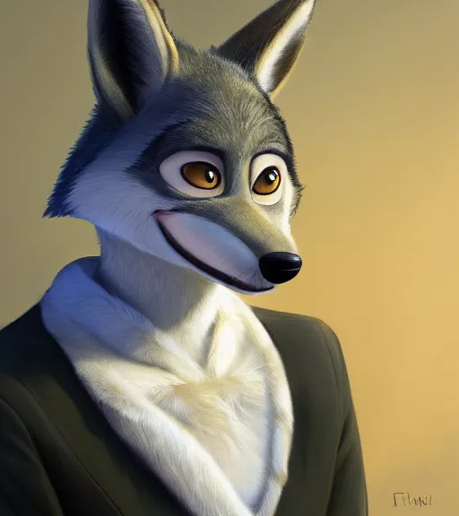 Image similar to oil painting of anthromorphic furry female wolf, in style of zootopia, female fursona, furry, furaffinity, 4 k, deviantart, furry art, fursona art, wearing black business suit, business suit, wolf fursona, female, tired expression,