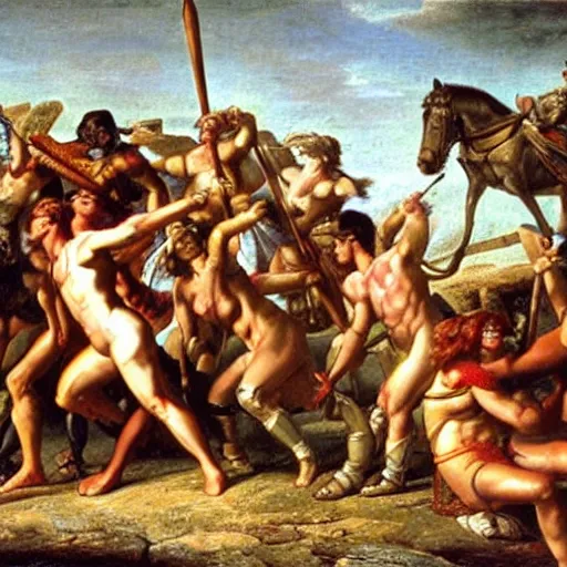 Image similar to muscular warrior women, amazonian warrior women, women fighting men, muscular men, roman warrior men, clashing in bloody field, art by jacques - louis david