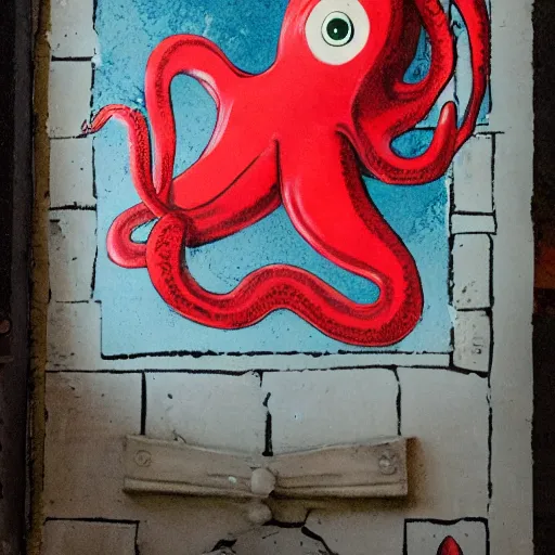 Image similar to a red octopus floats through a portal, holding a newspaper, clay style