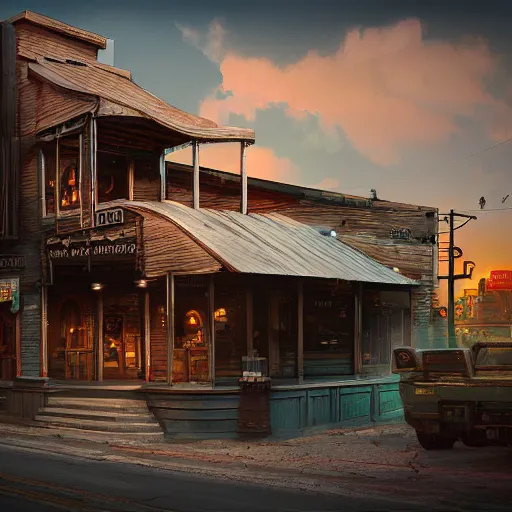 Image similar to exterior of the doom saloon by wlop and beeple