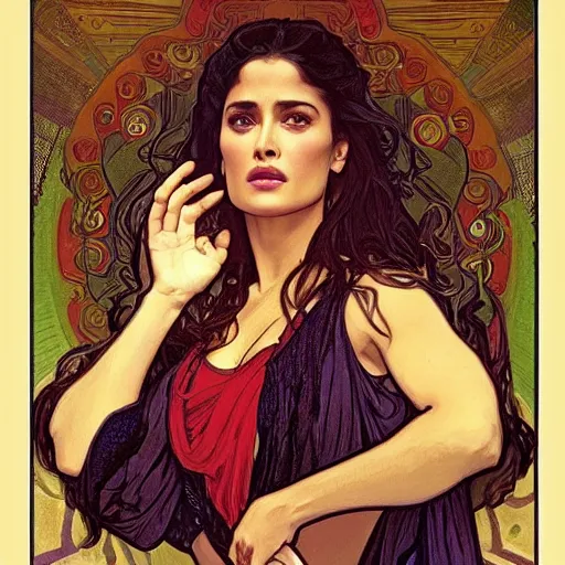 Image similar to salma hayek portrait by alphonse mucha, playful, fantasy, medieval, beautiful face, perfect detailed eyes, vivid colrs, elegant, concept art, sharp focus, digital art, hyper - realistic, 4 k, unreal engine, highly detailed, hd, dramatic lighting by brom, trending on artstation, holy halo