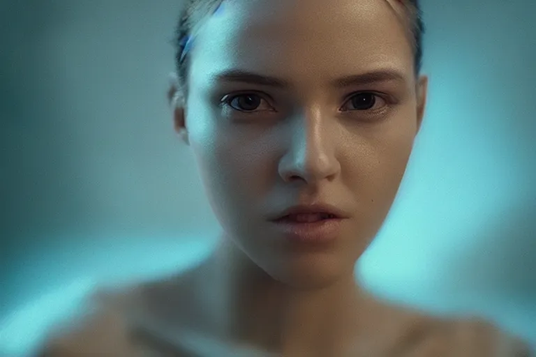 Image similar to VFX movie of a futuristic closeup portrait in high tech compound, beautiful natural skin neon lighting by Emmanuel Lubezki