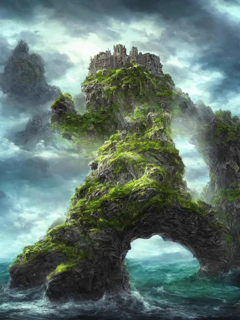 Prompt: a stunning wide angle view of an ancient fantasy castle built with rock bridges on top of a green stone island in the middle of a deep green wavy sea, sun through majestic clouds, highly detailed rock structures, artistic composition, sharp focus on houses, intricate concept art, digital painting, colorful flat surreal design, hd, 8 k, artstation, ambient lighting