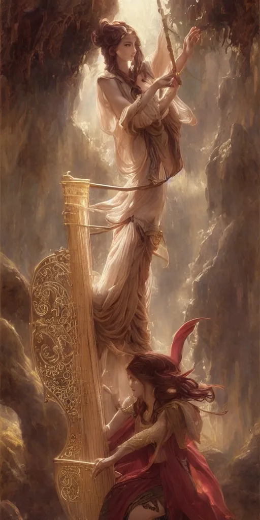 Image similar to beautiful fragile elf bard in robes, playing on a harp, masterpiece , cinematic, powerful, dramatic light, highly, intricate elements, detailed, digital painting, artstation, concept art, sharp focus, illustration, dynamic by Edgar Maxence and Ross Tran and Michael Whelan art by Livia Prima, Mitch Foust, Frank frazetta