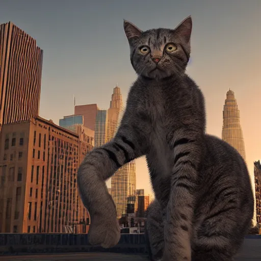 Prompt: giant cat invading detroit, dslr, 8 k, octane beautifully detailed render, detailed lighting, cinematic lighting, detailed photo, masterpiece, volumetric lighting, ultra realistic, highly detailed, high quality, lossless, photorealistic