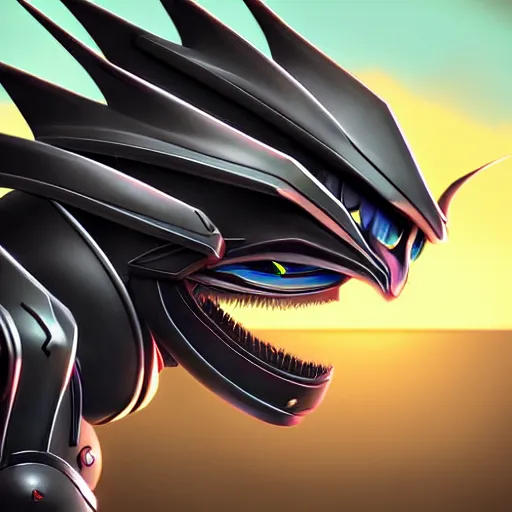 Image similar to close up maw shot, headshot, of a cute stunning robot anthropomorphic female dragon, with sleek silver armor, a black OLED visor over the eyes, looking at the camera, her warm dragon maw open in front of the camera, camera looking down into the maw, about to consume the camera, on the beach at sunset, highly detailed digital art, furry art, anthro art, sci fi, warframe art, destiny art, high quality, 3D realistic, mawshot, Furaffinity, Deviantart