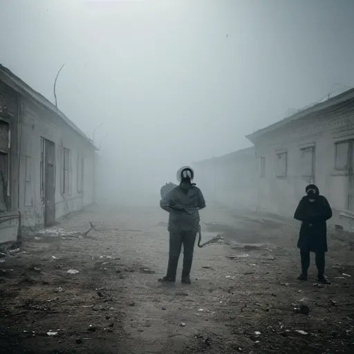 Prompt: flash photograph of an abandoned rundown soviet town with dense fog and men wearing gas masks