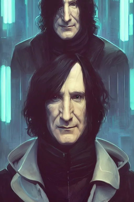 Image similar to portrait of cyborg severus snape in cyberpunk, neon lighting, night city, digital art from artstation by Ruan Jia and Mandy Jurgens and Artgerm and william-adolphe bouguereau and Greg Rutkowski