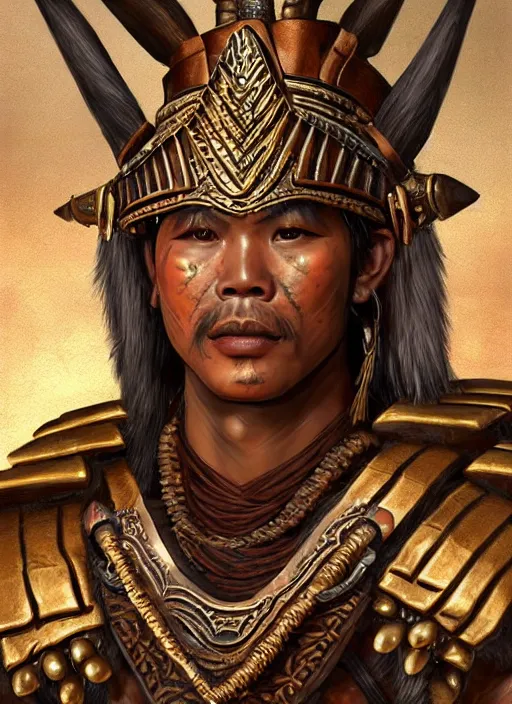 Image similar to tai warlord, closeup portrait, historical, ethnic group, traditional costume, bronze thai 👑, leather shoulder armor, fantasy, intricate, with dong son bronze artifacts, beads cross onbare chest, elegant, loin cloth, highly detailed, oill painting, artstation, concept art, matte, sharp focus, illustration, hearthstone, art by earl norem