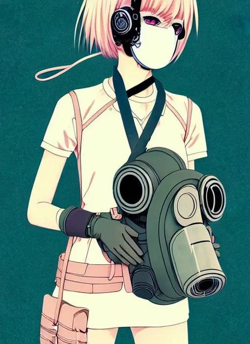 Prompt: girl wearing gas mask and uniform, very anime!!! anime!! intricate details, aesthetically pleasing pastel colors, smoke poster background, art by conrad roset and ilya kuvshinov