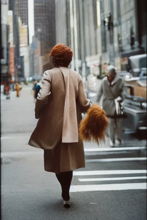 Image similar to photography, ginger woman walking in New York, soft light, 35mm, film photo, Joel Meyerowitz