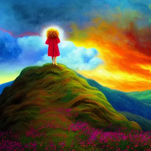 Prompt: giant flower head, frontal, woman standing on mountain, surreal photography, stormy sky, colorful clouds, impressionist painting, digital painting, artstation, rob gonsalves