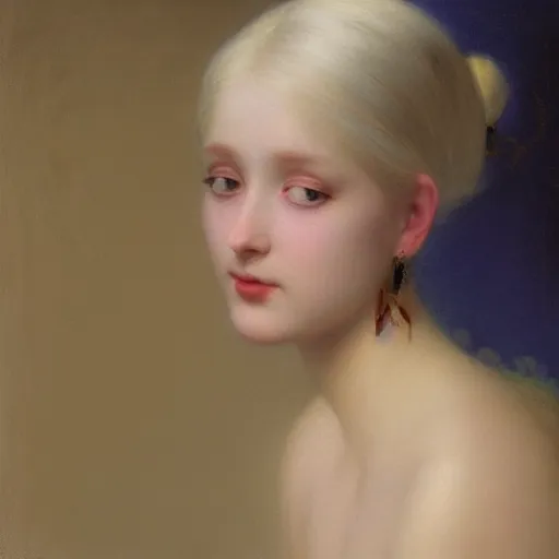 Image similar to a young woman's face, her hair is white and she wears an indigo purple satin cloak, by ivan aivazovsky and syd mead and moebius and gaston bussiere and roger dean and pieter claesz and paul delaroche and alma tadema and aelbert cuyp and willem claesz, hyperrealistic, volumetric light, octane render