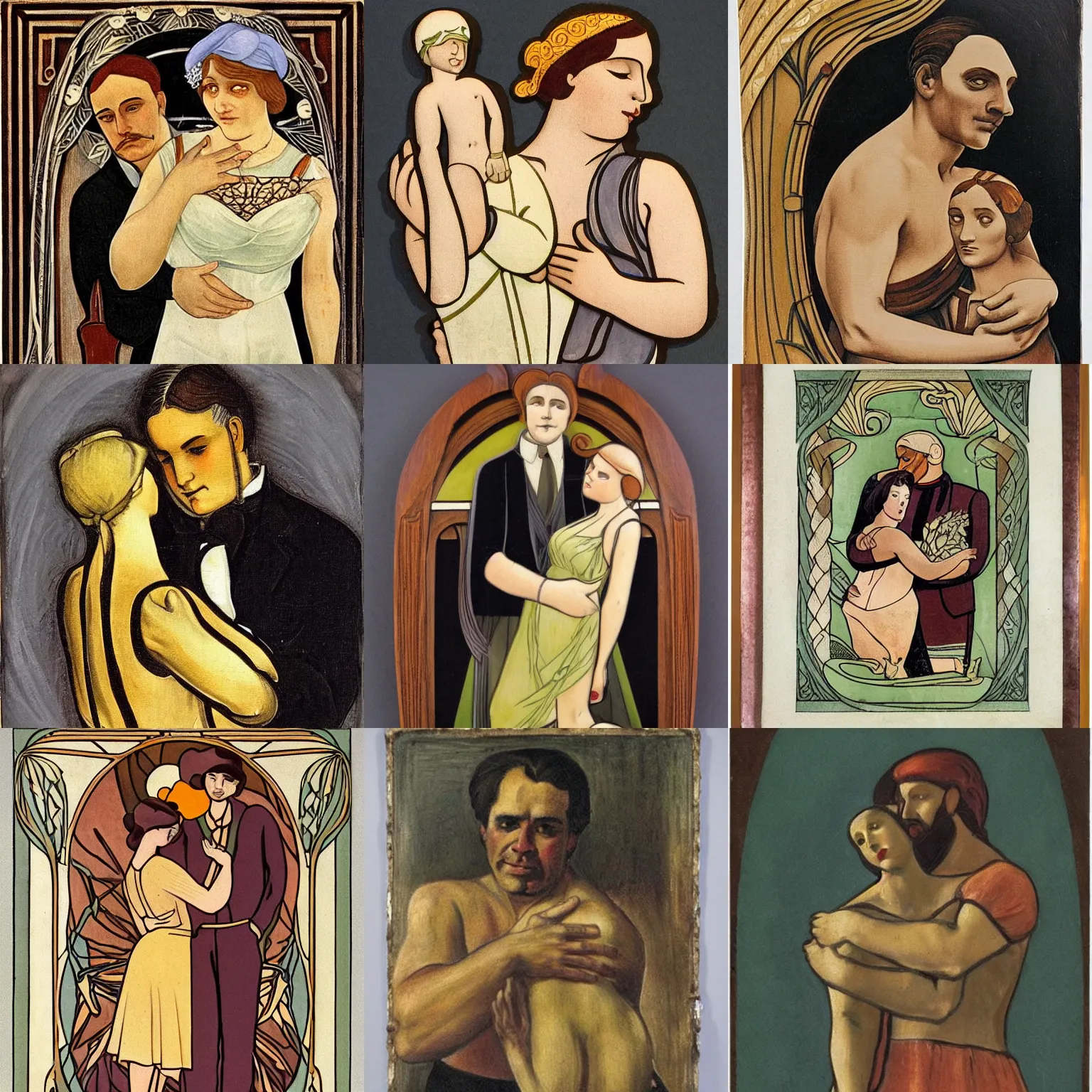 Prompt: a latin man holding a finnish woman, art nouveau, highly detailed