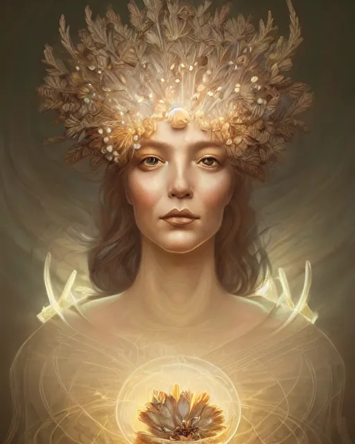 Image similar to highly detailed mycelium priestess portrait, artgerm, peter mohrbacher, intricate carved ivory flower blooms, artstation, halo of light, gilding