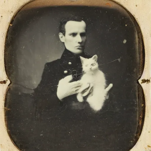 Image similar to a daguerreotype of a man in uniform, holding a kitten.