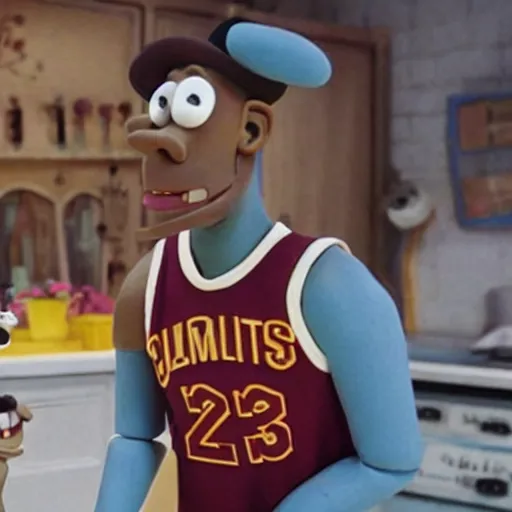 Image similar to a film still of lebron james as a claymation character in wallace and gromit