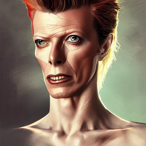 Image similar to Portrait of David Bowie, intricate, wild, highly detailed, digital painting, artstation, concept art, smooth, sharp focus, illustration, art by artgerm and greg rutkowski and alphonse mucha and Hajime Sorayama