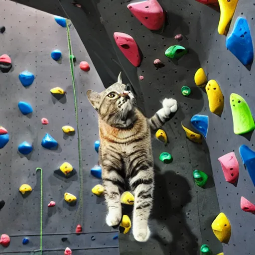 Image similar to photo of a cat rock climbing in a rock climbing gym