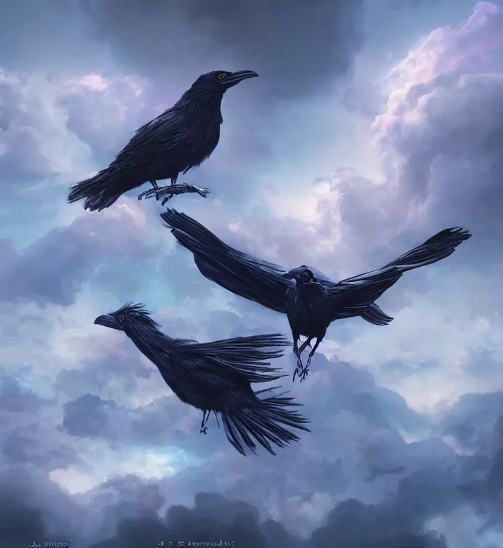 Prompt: raven bird, puma puffy clouds, james jean style, vfx art, unreal engine render, claymation style, colourful, volumetric light, digital painting, digital illustration, dramatic light,